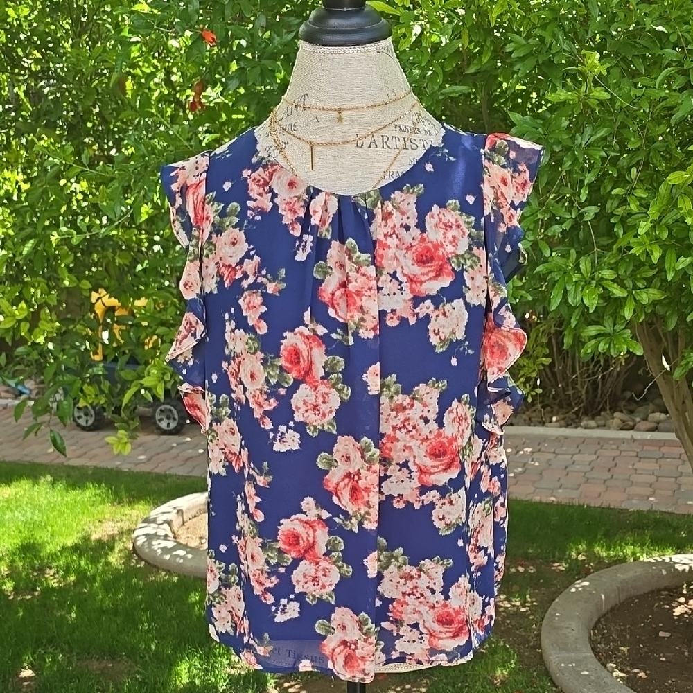 Forever 21 Ruffled Blue and Pink Blouse